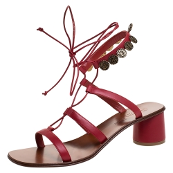 Dior Red Leather Logo Coin Trim Zodiac Lace Up Block Heel Sandals Size 40