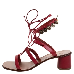 Dior Red Leather Logo Coin Trim Zodiac Lace Up Block Heel Sandals Size 40