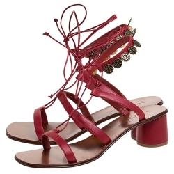 Dior Red Leather Logo Coin Trim Zodiac Lace Up Block Heel Sandals Size 40