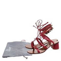 Dior Red Leather Logo Coin Trim Zodiac Lace Up Block Heel Sandals Size 40
