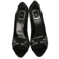 Pre Owned Dior Black Satin  Embroidered Open Toe Folies Pumps Size 38.5