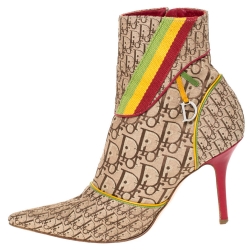 Pre Owned Dior Multicolor Monogram Canvas And Leather Piping Ankle Boots Size 40.5