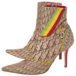 Pre Owned Dior Multicolor Monogram Canvas And Leather Piping Ankle Boots Size 40.5