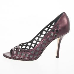 Pre Owned Christian Dior Maroon Metallic Leather Cutout Peep Toe Pumps Size 40