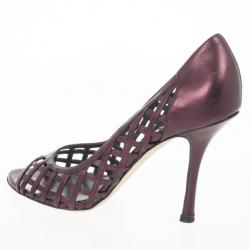 Pre Owned Christian Dior Maroon Metallic Leather Cutout Peep Toe Pumps Size 40