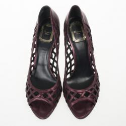 Pre Owned Christian Dior Maroon Metallic Leather Cutout Peep Toe Pumps Size 40