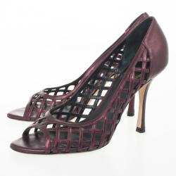 Pre Owned Christian Dior Maroon Metallic Leather Cutout Peep Toe Pumps Size 40
