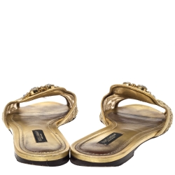 Pre Owned صندل سلايد فلات دولتشي أند غابانا "صوفيا" مزخرف كريستال حواف جلد و دانتيل ذهبي مقاس 37