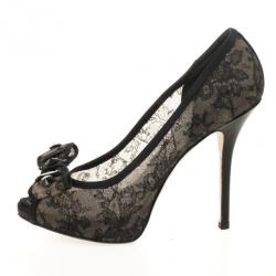مملوكة مسبقًا Christian Dior Black Lace Peep Toe Bow Pumps Size 39