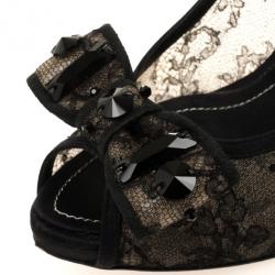 مملوكة مسبقًا Christian Dior Black Lace Peep Toe Bow Pumps Size 39