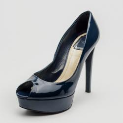 Pre Owned Christian Dior Navy Blue Patent Leather 'Miss Dior' Peep Toe Pumps Size 39