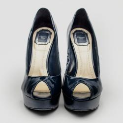 Pre Owned Christian Dior Navy Blue Patent Leather 'Miss Dior' Peep Toe Pumps Size 39