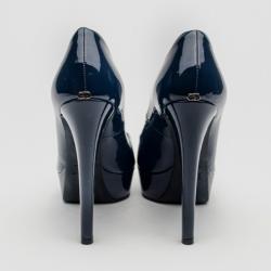 Pre Owned Christian Dior Navy Blue Patent Leather 'Miss Dior' Peep Toe Pumps Size 39