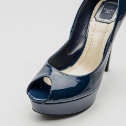 Pre Owned Christian Dior Navy Blue Patent Leather 'Miss Dior' Peep Toe Pumps Size 39