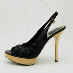 Pre Owned Christian Dior Black Floral Emroidered Peep Toe Sling Back Sandals Size 39.5