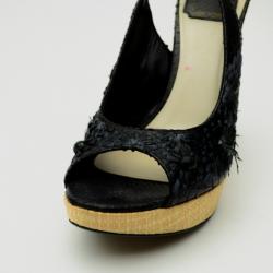 Pre Owned Christian Dior Black Floral Emroidered Peep Toe Sling Back Sandals Size 39.5