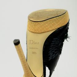 Pre Owned Christian Dior Black Floral Emroidered Peep Toe Sling Back Sandals Size 39.5