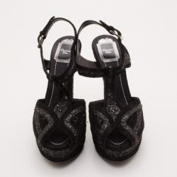 Pre Owned Dior 'Celeste' Black Glitter and Suede T-Strap Sandals Size 38