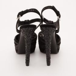 Pre Owned Dior 'Celeste' Black Glitter and Suede T-Strap Sandals Size 38