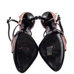 Dior Vintage Pink/Black Satin And Patent Leather Chain Embellished Ankle Strap Sandals Size 37.5