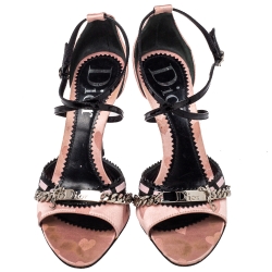 Dior Vintage Pink/Black Satin And Patent Leather Chain Embellished Ankle Strap Sandals Size 37.5