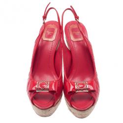 Pre Owned Dior Coral Patent Cannage Espadrille Wedge Sandals Size 40