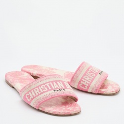 مملوكة مسبقًا Dior Pink/White Embroidered Canvas Dway Flat Slides Size 38