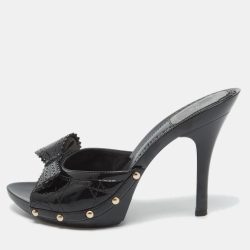 Pre Owned Dior Black Cannage Patent Leather Bow Slides Size 37