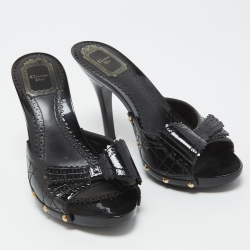 Pre Owned Dior Black Cannage Patent Leather Bow Slides Size 37