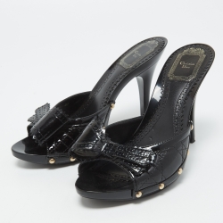 Pre Owned Dior Black Cannage Patent Leather Bow Slides Size 37
