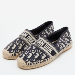 Pre Owned Dior Dark Blue/Beige Oblique Embroidered Canvas Granville Espadrille Flats Size 39