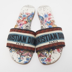 Dior Tricolor Logo Embroidered Canvas Dway Flat Slides Size 38.5