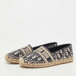 Pre Owned Dior Navy Blue/White Canvas Granville Espadrille Flats Size 37.5