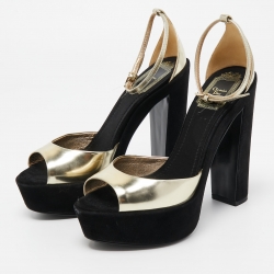 Dior Black/Gold Suede and Leather Ankle Strap Sandals Size 36