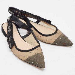 Dior Beige/Black Mesh and Suede J'Adior Slingback Flats Size 38