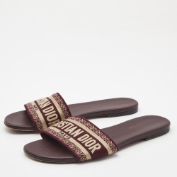 Dior Burgundy/White Leather and Canvas Dway Flat Slides Size 38  