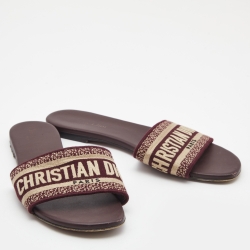 Dior Burgundy/White Leather and Canvas Dway Flat Slides Size 38  