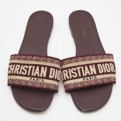 Dior Burgundy/White Leather and Canvas Dway Flat Slides Size 38  