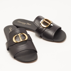 Dior Black Leather 30 Montaigne Flat Slides Size 38