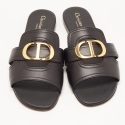 Dior Black Leather 30 Montaigne Flat Slides Size 38