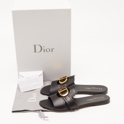 Dior Black Leather 30 Montaigne Flat Slides Size 38