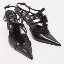 Pre Owned Dior Black Leather and Mink Fur Slingback Pumps Size 38