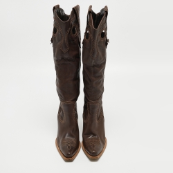 Pre Owned Dior Brown Leather Knee Length Cowboy Boots Size 39.5