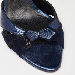 Pre Owned Dior Two Tone Blue Leather and Suede Bow Slide Sandals Size 39