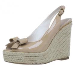 Pre Owned Dior Beige Patent Bow Espadrilles Slingback Wedges Size 37