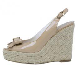Pre Owned Dior Beige Patent Bow Espadrilles Slingback Wedges Size 37