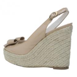 Pre Owned Dior Beige Patent Bow Espadrilles Slingback Wedges Size 37