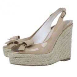 Pre Owned Dior Beige Patent Bow Espadrilles Slingback Wedges Size 37