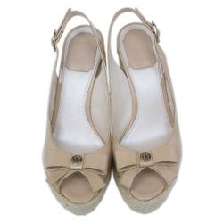 Pre Owned Dior Beige Patent Bow Espadrilles Slingback Wedges Size 37