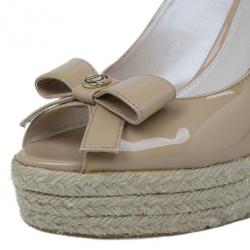 Pre Owned Dior Beige Patent Bow Espadrilles Slingback Wedges Size 37